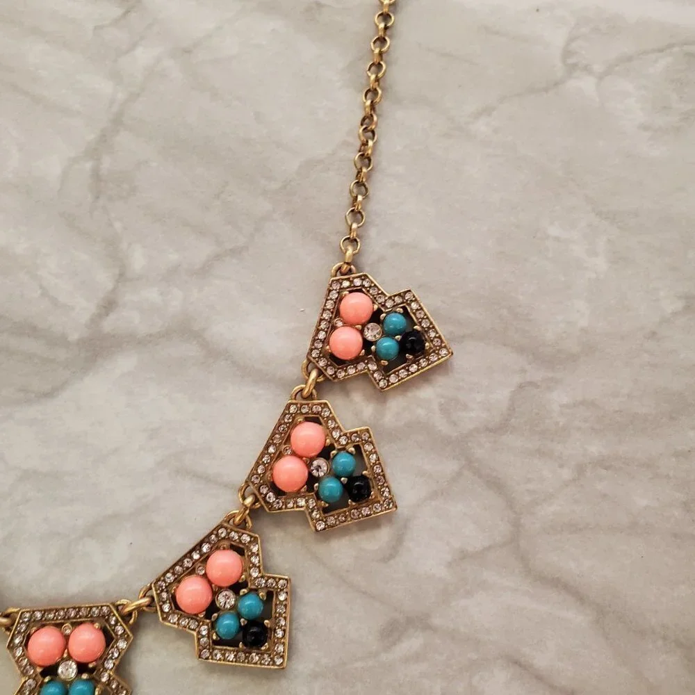✨ J.Crew Pave Rhinestone Crystal Blue Gold Coral Bohemian Necklace ✨